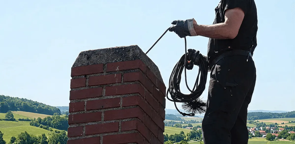 Chimney sweep inspecting and cleaning a rooftop chimney in Houston, TX