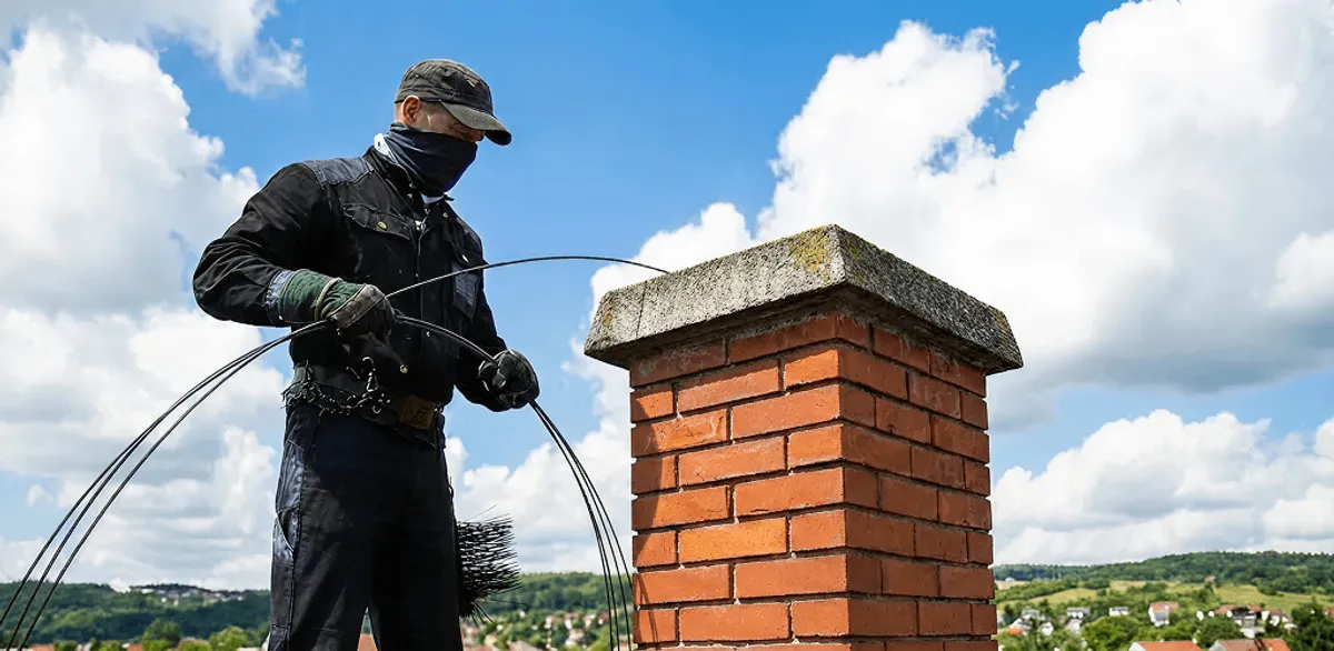 Chimney sweep cleaning a brick chimney with professional tools in Houston, TX