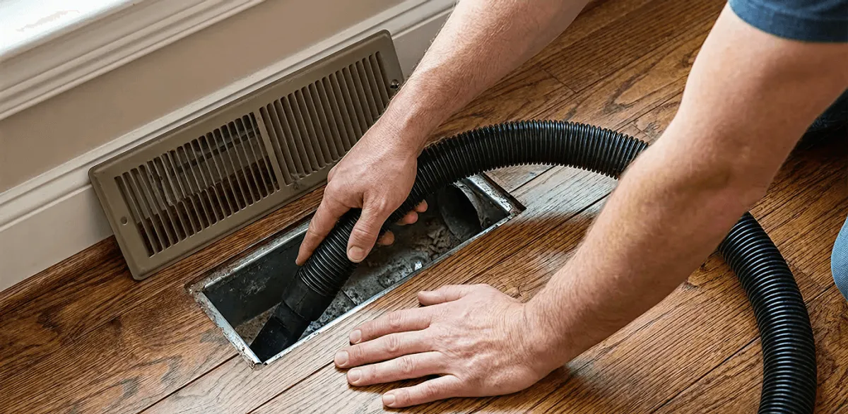 Air duct cleaning technician vacuuming a floor register and duct opening in Houston, TX