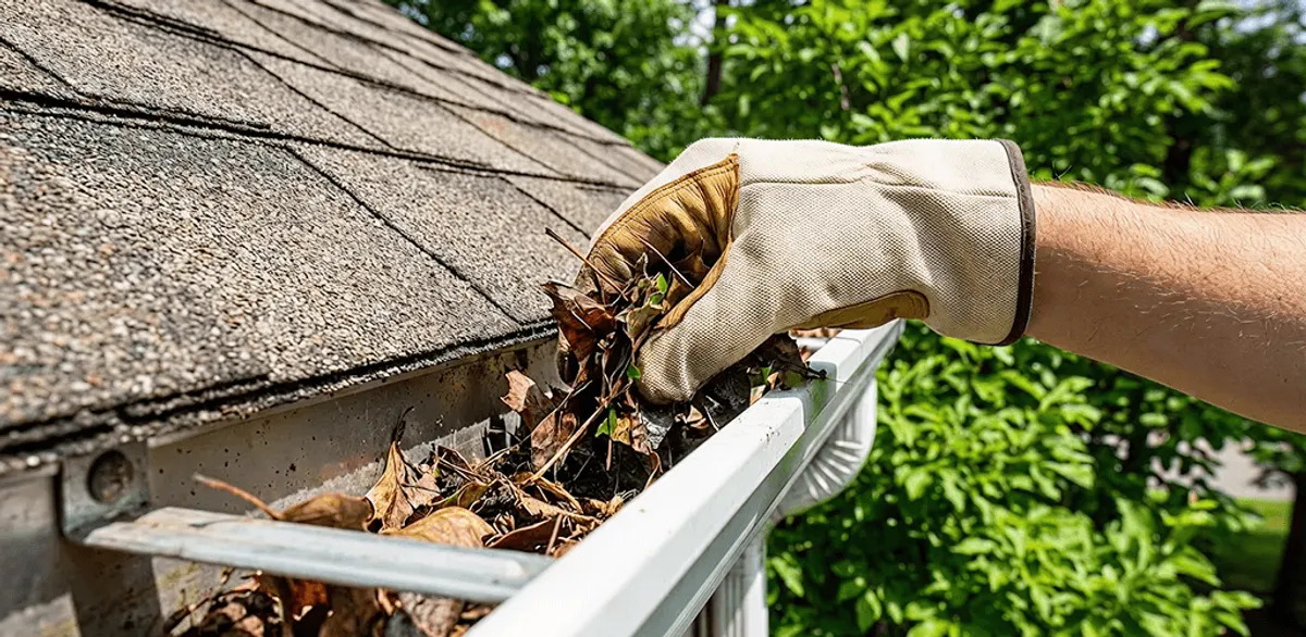 Gutter cleaning removing leaves and debris from roof gutters in Houston, TX