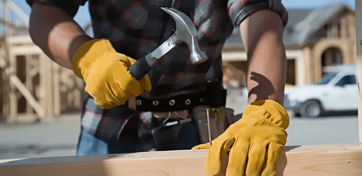 Handyman fixing wood trim with a hammer for home repairs in Houston, TX