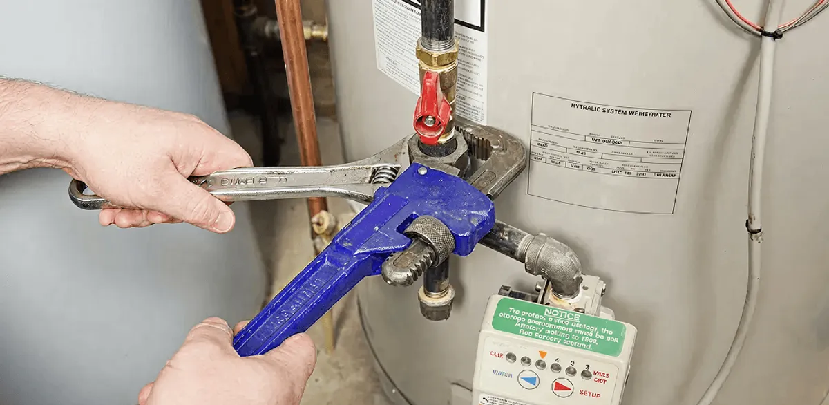 Water heater repair technician tightening the shutoff valve and supply line in Houston, TX